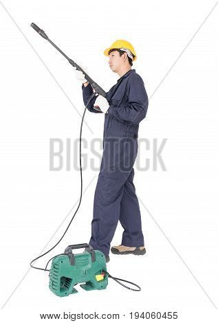 Young Man Stand And Holding High Pressure Water Gun