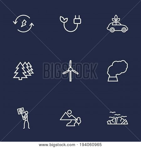 Set Of 9 Ecology Outline Icons Set.Collection Of Garbage, Electricity, Afforestation And Other Elements.