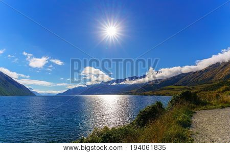 Beautiful backlit of Lake Wakatipu South Island of New Zealand