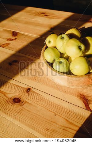 Healthy Green Food With Apples On Wood Plates Desk Background Mock Up