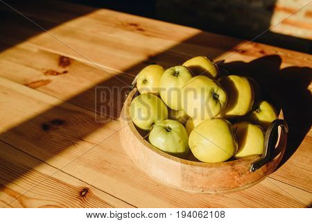 Healthy Green Food With Apples On Wood Plates Desk Background Mock Up