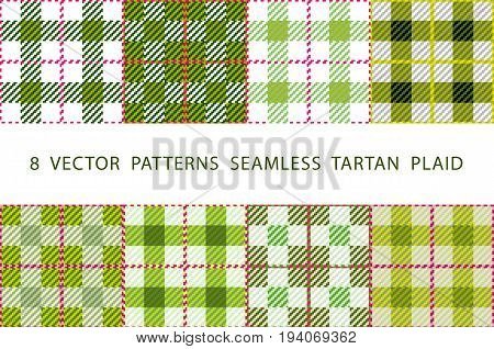 Set of 8 abstract stylish geometrical seamless patterns with celtic ornament of Lime green and white shades VECTOR TARTAN PLAID art