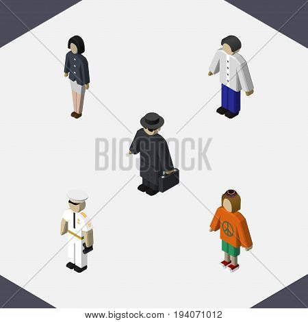 Isometric Human Set Of Girl, Lady, Detective And Other Vector Objects. Also Includes Seaman, Police, Woman Elements.
