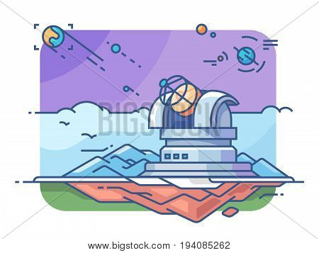 Observatory with telescope for exploring planets and searching for extraterrestrial civilizations. Vector illustration