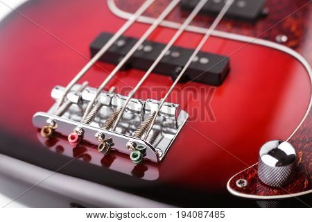 Metallic Volume Treble Guitar Bass Knobs. Electric Guitar. Red Electric Bass Guitar Close-up. Musica