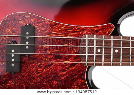 Metallic Volume Treble Guitar Bass Knobs. Electric Guitar. Red Electric Bass Guitar Close-up. Musica