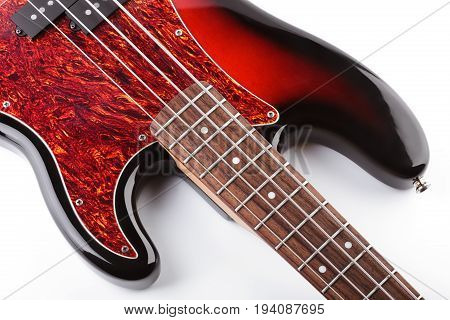 Metallic Volume Treble Guitar Bass Knobs. Electric Guitar. Red Electric Bass Guitar Close-up. Musica