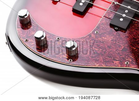 Metallic Volume Treble Guitar Bass Knobs. Electric Guitar. Red Electric Bass Guitar Close-up. Musica