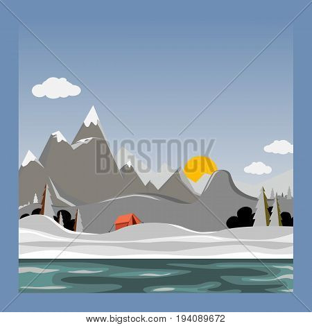 Winter landscape. Vacation in the tent. Camping and hiking. Vector illustration in flat design style.