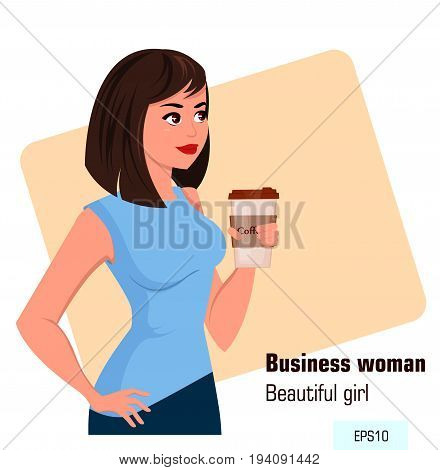 Young cartoon business woman in office style clothes holding hot coffee while coffee break. Beautiful brunette businesswoman. Isometric projection - stock vector
