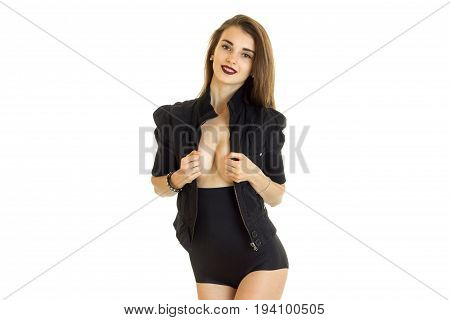 attractive girl with big brests in jacket and high panties isolated on white background