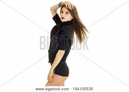 cute girl in jacket and high panties isolated on white background