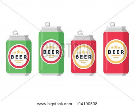 Beer set. A collection of beer cans in different colors on a white background. Isolated in a trendy flat style. Vector illustration.
