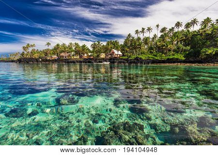 Coral reef lagoon with palm trees on the beach, south side of Upolu, Samoa Islands