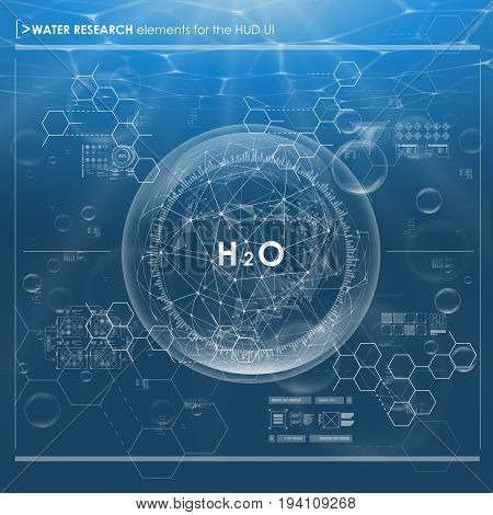 Water research background with HUD elements. Futuristic user interface. Template for app and web.