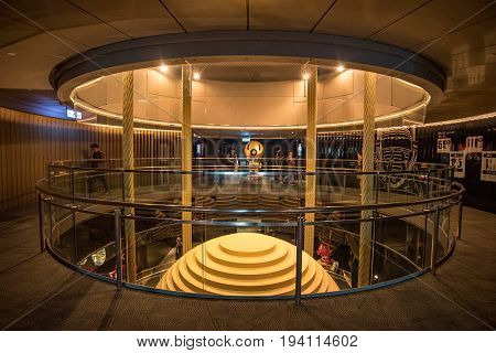 TAIPEI TAIWAN - FEBRUARY 14 2017 : Tuned mass damper of Taipei 101 a harmonic absorber mounted in structures to reduce the amplitude of mechanical vibrations seen from 89th observatory floor.
