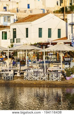 LOUTRA, GREECE - MAY 24, 2017: Loutra village on Kythnos island early in the morning on May 24, 2017.