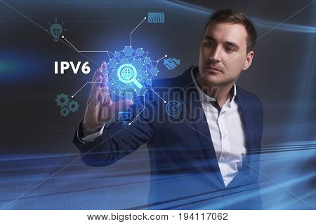 Business, Technology, Internet And Network Concept. Young Businessman Working On A Virtual Screen Of