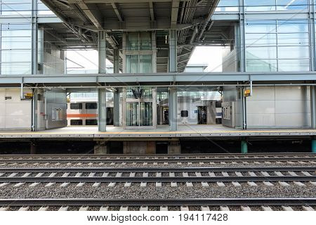 NEWARK, NEW JERSEY, USA - APRIL 25, 2016: At a platform of Newark Liberty International Airport train station