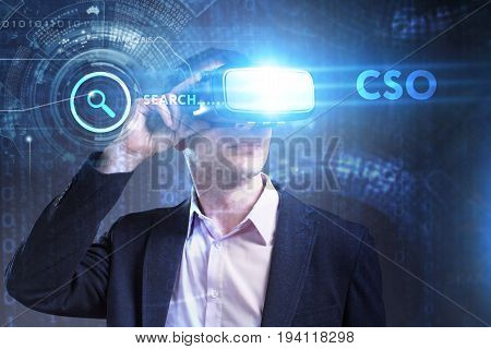 Business, Technology, Internet And Network Concept. Young Businessman Working In Virtual Reality Gla