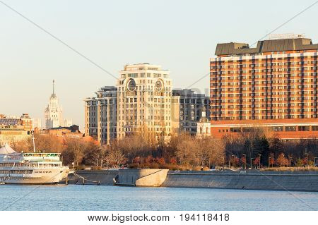 Moscow Russia - November 22, 2016: Panorama of one of the central districts of Moscow: Moskva River pleasure boat the Crimean embankment and park 