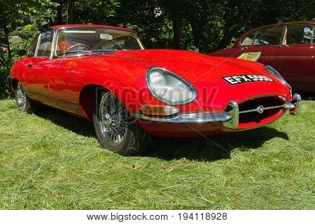 Llangollen Wales UK - July 1 2017: Jaguar E type an iconic classic British sports car built from 1961 and 1975 at a vintage vehicle rally