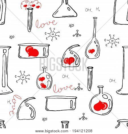 Vector seamless pattern with hand drawn glass flasks and hearts. Uncolored bottles. Love poison.