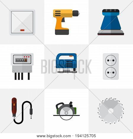 Set Of 9 Editable Instruments Icons. Includes Symbols Such As Emery Paper, Jig Saw, Circular And More. Can Be Used For Web, Mobile, UI And Infographic Design.