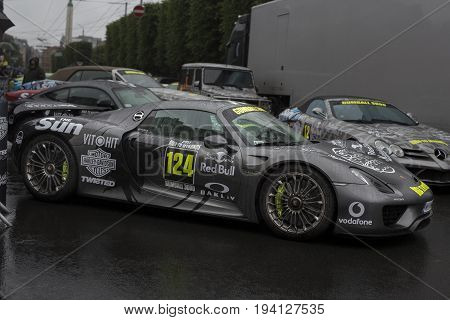Riga, Latvia - July 01, 2017: Porsche 918 Spyder 2015 from Gumball 3000 race is on display. Riga host Gumball 3000 during the 2017 Rally being both the starting grid and flag drop destination.