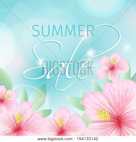 Summer sale poster with pink exotic tropical hibiscus flowers as decorative addition background, summer seasonal discount image for promotion. Vector illustration