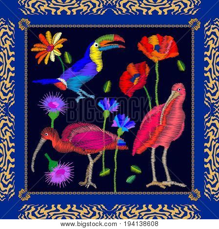 Silk scarf pattern with toucan, ibises and flowers. Colorful framed composition with bohemian motifs.