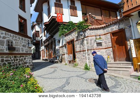 ANKARA, TURKEY - JUNE 4, 2017: An old man walking towards to the Castle in Ankara - Turkey