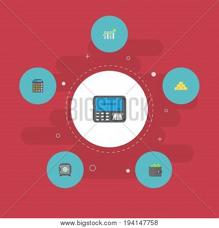 Flat Icons Accounting, Strongbox, Bar Diagram And Other Vector Elements. Set Of Finance Flat Icons Symbols Also Includes Billfold, Strongbox, Purse Objects.
