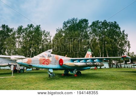 Minsk, Belarus - June 4, 2014: Russian Soviet Armoured Military Subsonic Attack Aircraft Fighter-bomber Stands At Aerodrome. Plane Designed To Provide Close Air Support For Troops In Fighting Day And Night In Any Weather Conditions