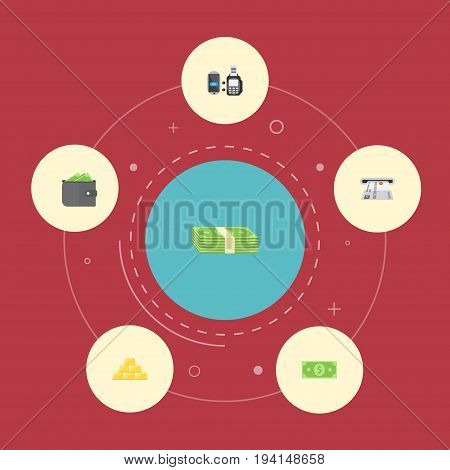 Flat Icons Cash Stack, Teller Machine, Billfold And Other Vector Elements. Set Of Banking Flat Icons Symbols Also Includes Gold, Purse, Bank Objects.
