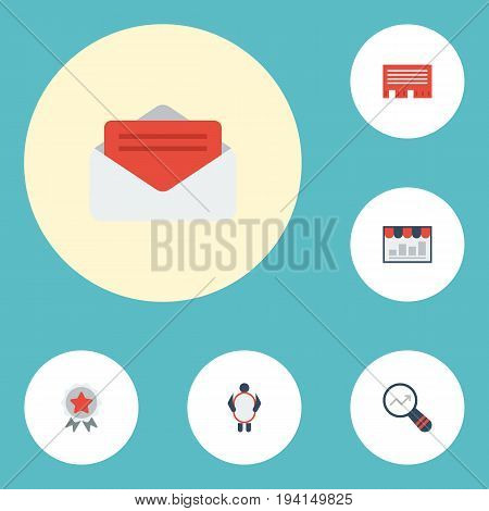 Flat Icons Man With Banner, Award, Message And Other Vector Elements. Set Of Advertising Flat Icons Symbols Also Includes Brand, Mail, Advertising Objects.