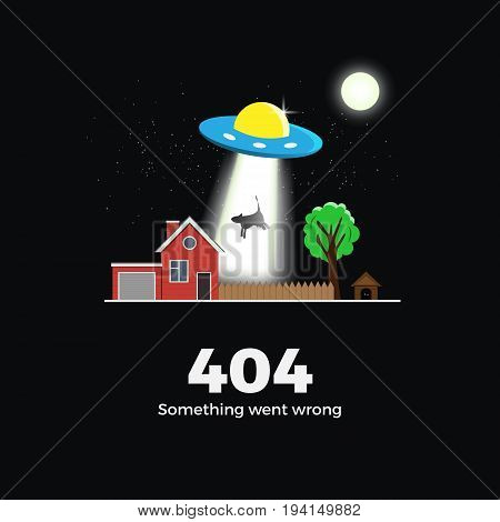 404 error vector concept illustration. Page not found message template. Realistic flat style. Alien UFO (flying saucer) abducts a cow with a beam near village house at night. Isolated on black.