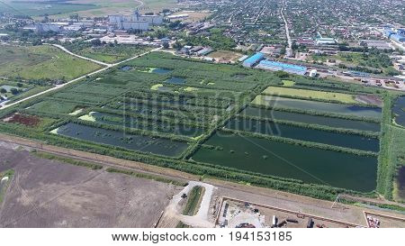 The Sewage Treatment Plant In Slavyansk-on-kuban. Water For Sewage Treatment In A Small City. Bright