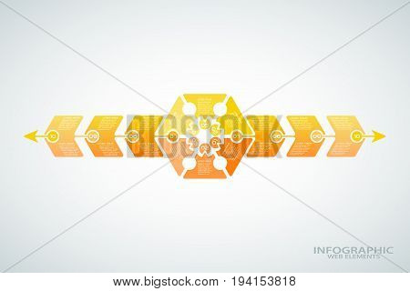 Vector infographic poster of gradient yellow shapes with text on the gradient gray background.