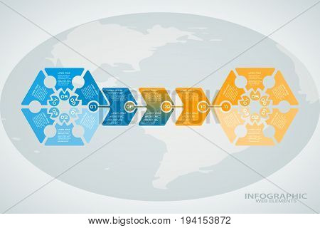 Vector infographic web element of blue and yellow hexagon shape with text on the gradient gray background with globe silhouette.