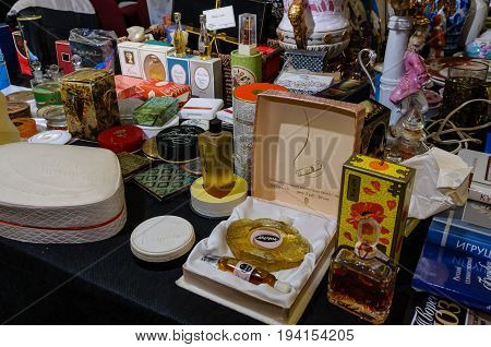 Moscow, Russia - March 19, 2017: Showcase with the popular women's perfumery of the mid-20th century, 1950-1980 in the original preserved packages for nostalgic customers. Perfume is a real antiques and a rare commodity.