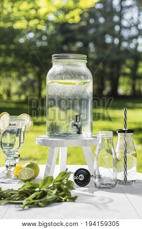 Water dispenser in the garden with lemons