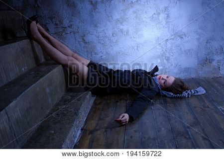 Crime Scene With Strangled Retro Styled Fashion Woman In A Darkplace