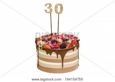 Naked three chocolate cake with fruits and figures 30 isolated on white background