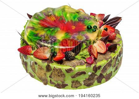 Pistachio cake with fruits and 3D flowers in food jelly isolated on white background