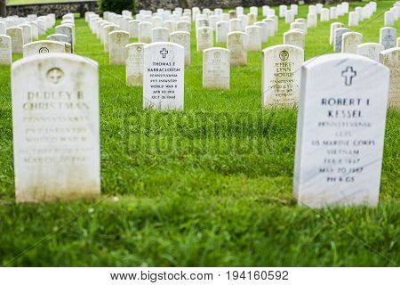 Gettysburg USA - May 24 2017: Gettysburg National Cemetery battlefield park with closeup grave stones