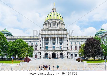Harrisburg USA - May 24 2017: Pennsylvania capitol exterior in city with steps and people