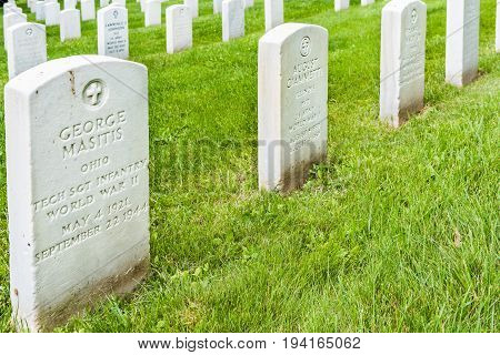 Gettysburg USA - May 24 2017: Gettysburg National Cemetery battlefield park with closeup grave stones