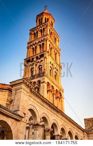 Split Croatia. The tower of Cathedral of Saint Domnius medieval architecture of Dalmatia.