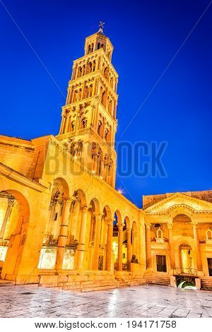 Split Croatia. The tower of Cathedral Saint Domnius and the ancient peristyle twilight